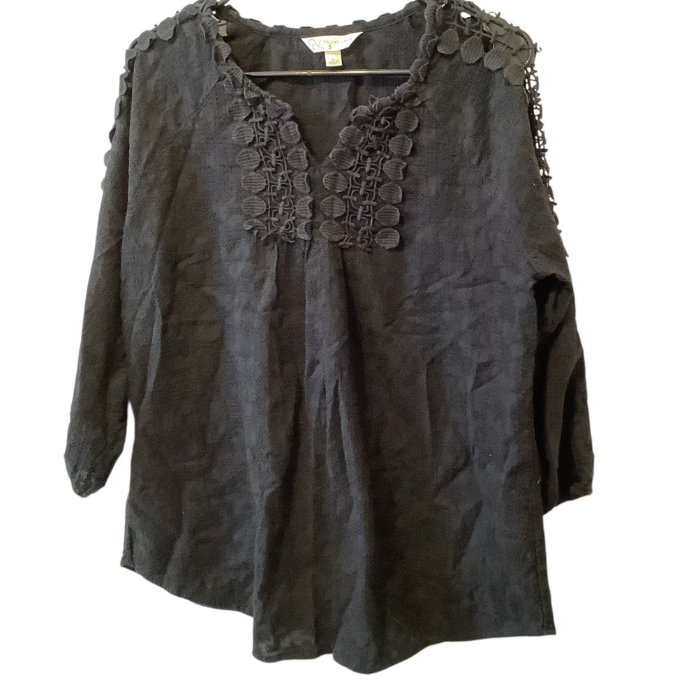 Krazy Kat Black Crochet Lace V-Neck Blouse Boho Top Size L